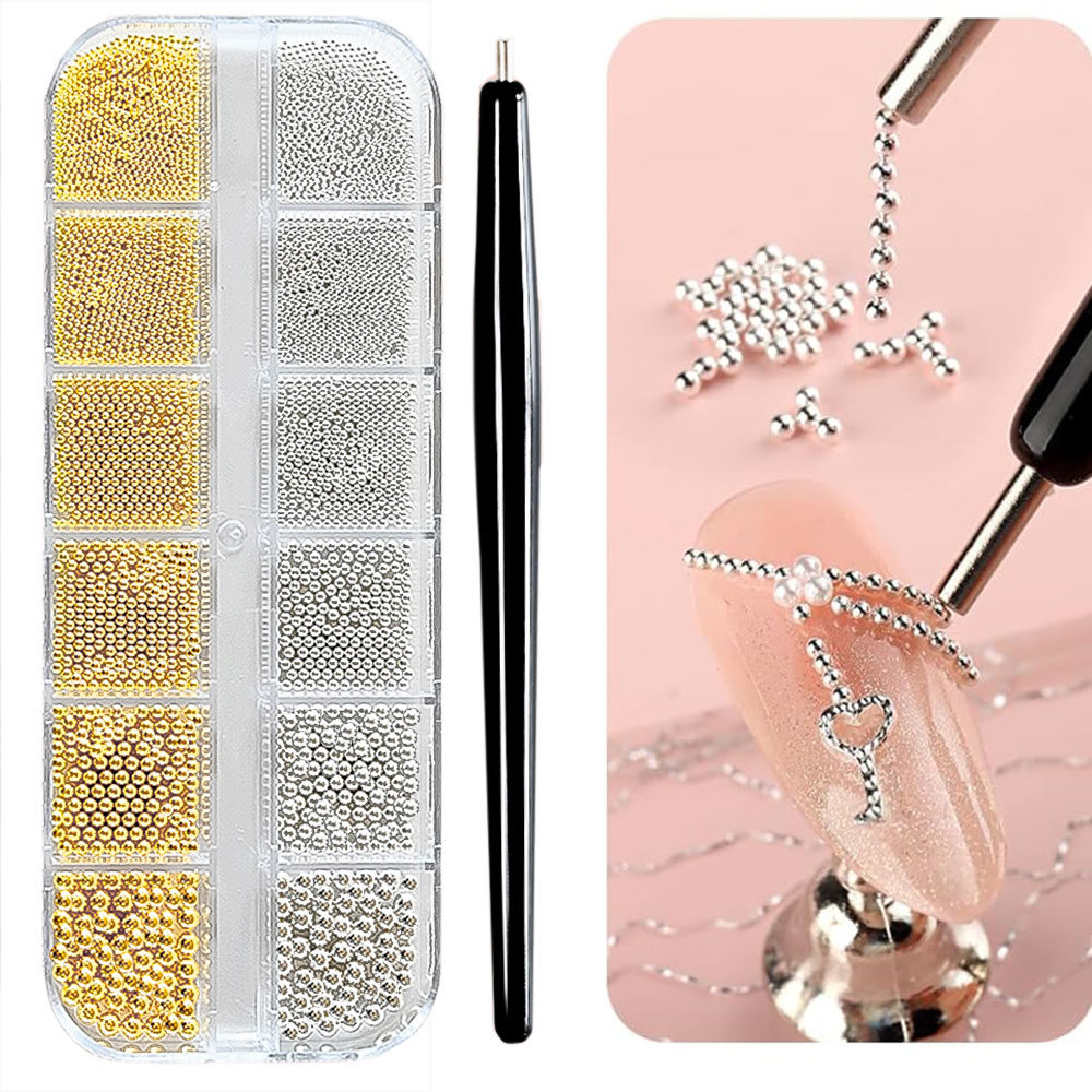 Nail Art Valentines Day - 12 グリッドゴールド/シルバーミニキャビアビーズネイルアートデコレーションメタルマイクロボールネイルチャーム磁気ペン付き 3D ミニキャビアネイルジェム