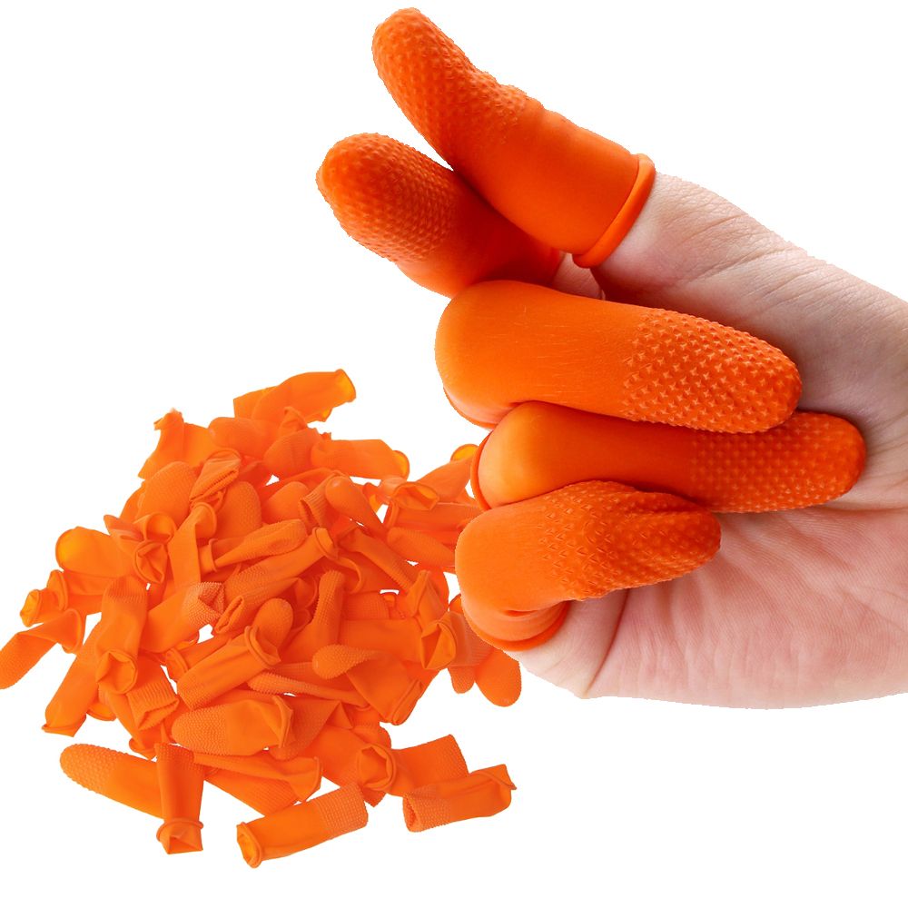 Nail Art Orange - 100 個クリーニングアクセサリーネイルアートツール天然ラテックスフィンガーカバーゴム手袋オレンジフィンガーコットプロテクター手袋