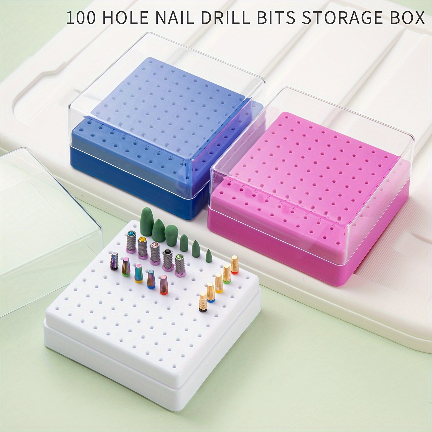 Nail Drill Machine - 30/100 穴 1PC のさまざまなスタイルのポータブルオーガナイザー、ネイルドリルビットの保管と整理用、防塵ベース付き