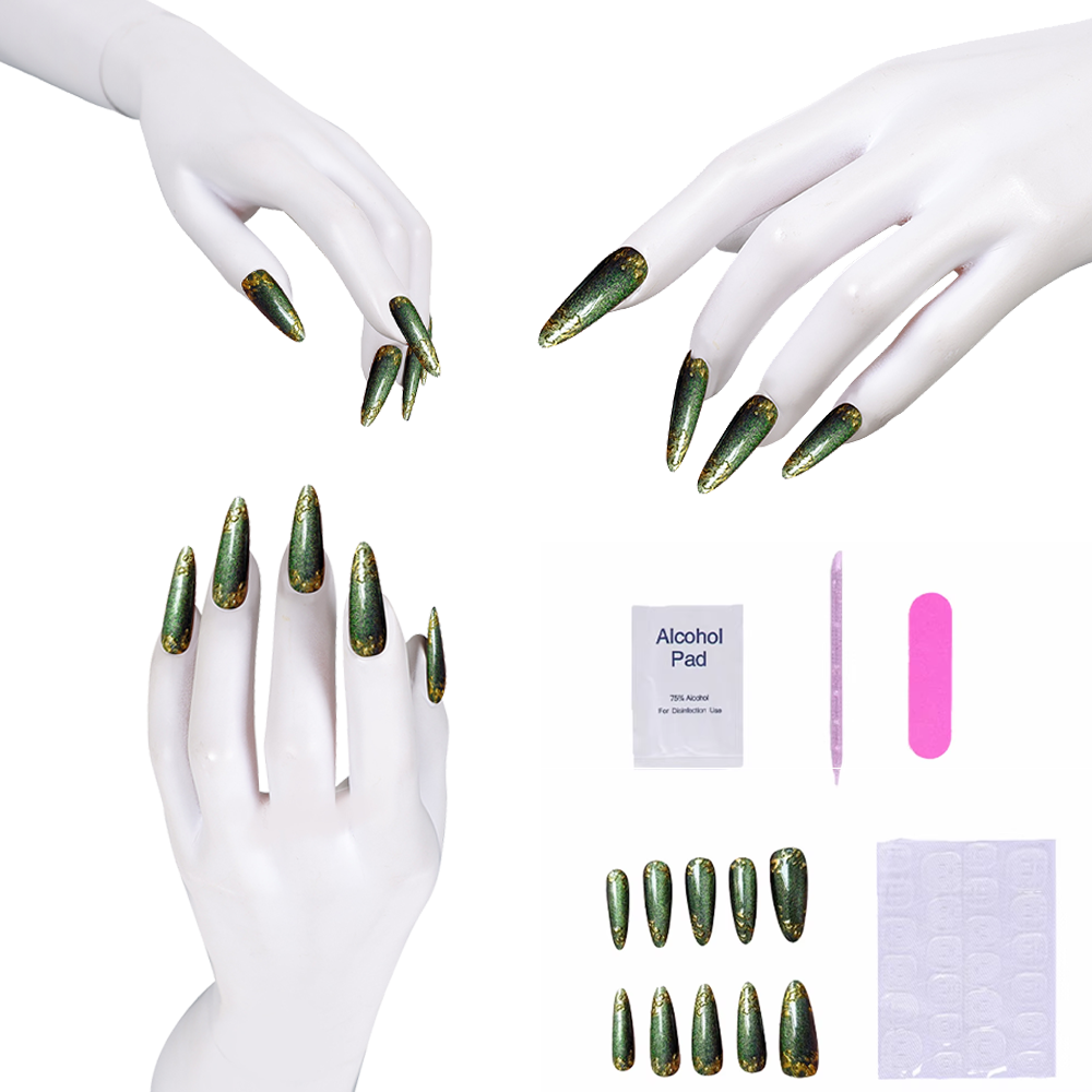 Nail Art Press On - グリーン プレスオンネイル キラキラ輝くゴールドアクセント付き 付け爪 アート コスプレ