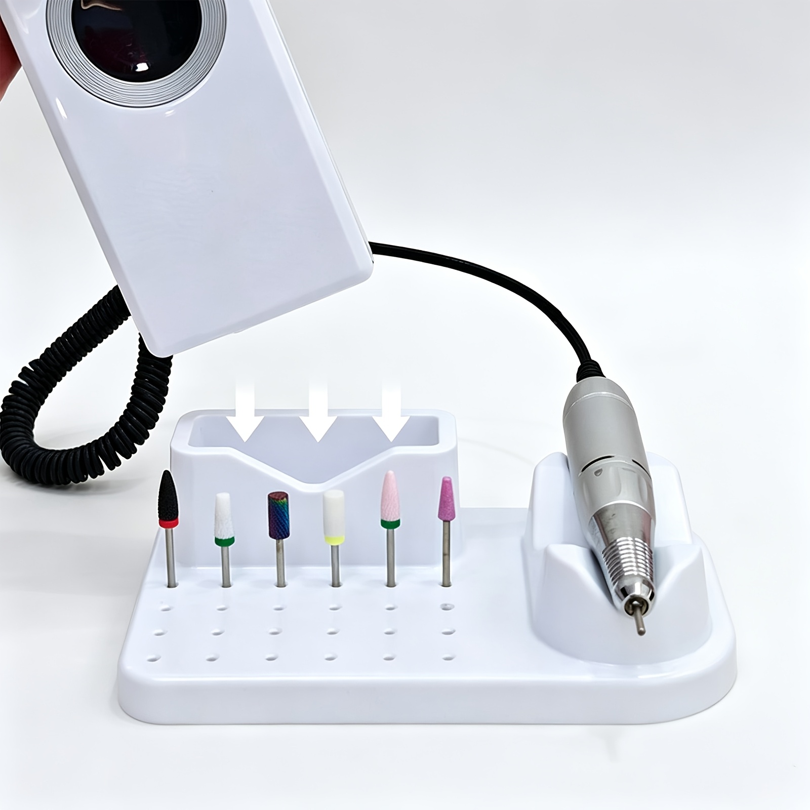 Nail Drill Machine - ネイルドリル用ビットホルダー兼収納ケース。24穴のベースにホルダーが付属し、ネイルドリルマシンや研磨ペンを収納可能。卓上収納ケース。
