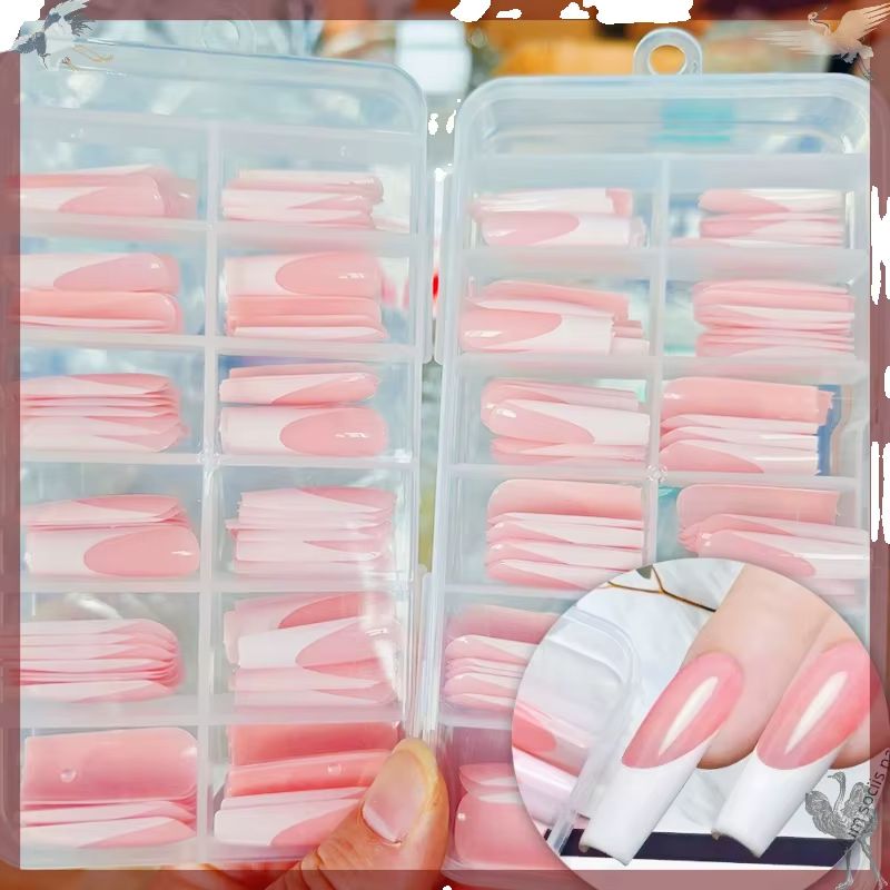 Nail Art Press On - 120個入り 光沢のあるピンクのフレンチプレスオンネイル ロングスクエア 12サイズ フルカバーフェイクネイル ホワイトエッジデザインで簡単に装着可能