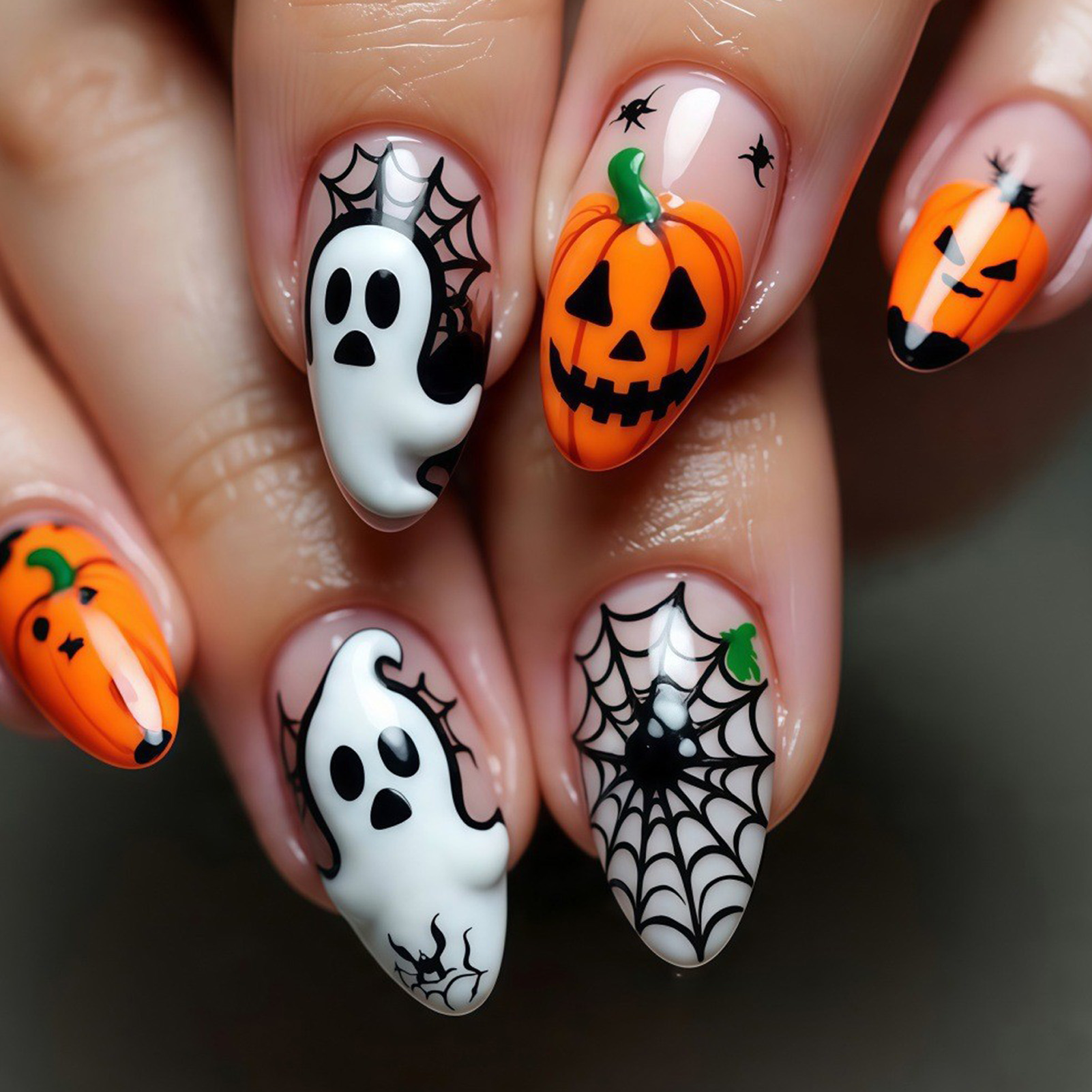 Nail Art Press On - 24個入り ハロウィン プレスオンネイル ゴースト パンプキン スパイダーウェブ