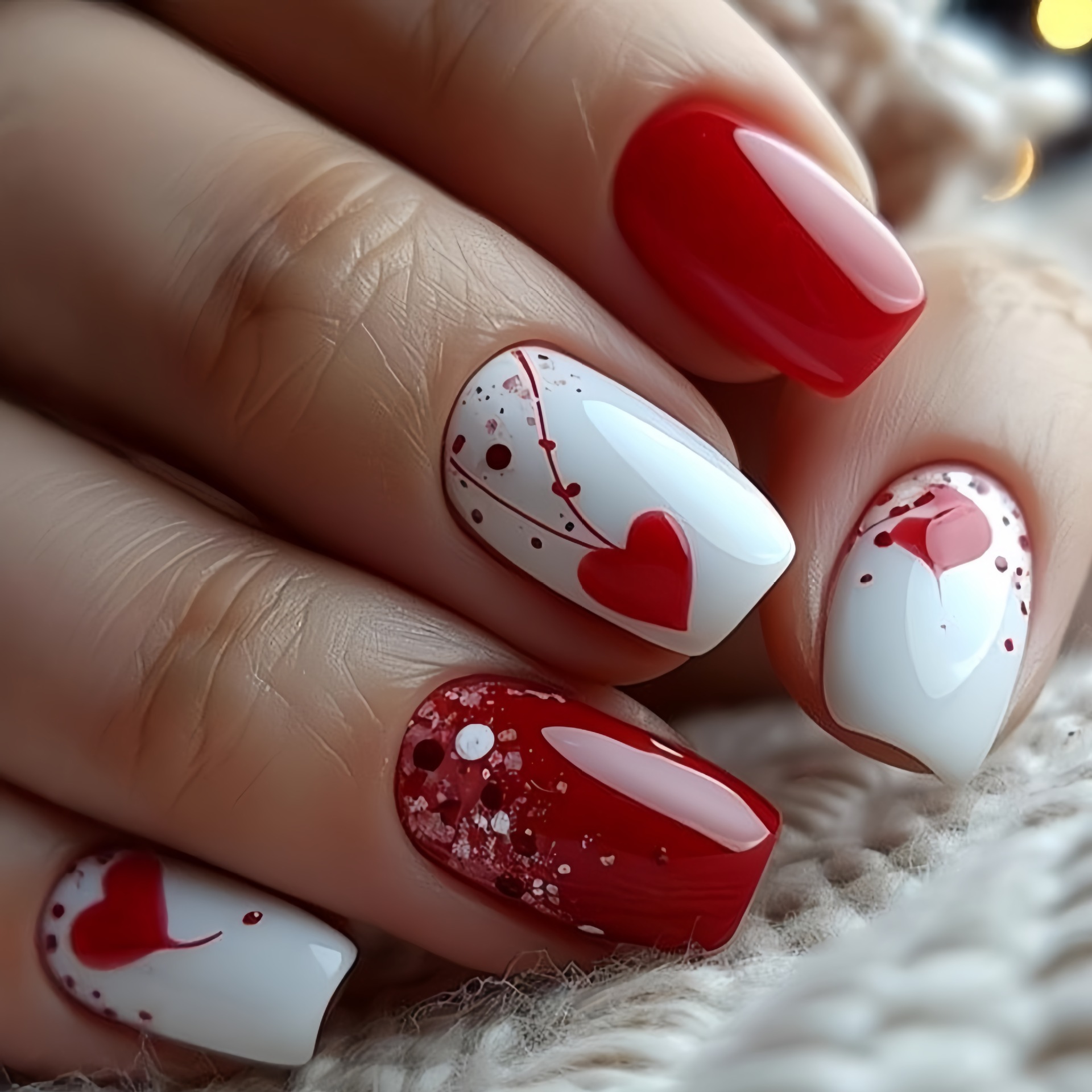 Nail Art Pink - バレンタインデー用のグラデーションレッドピンクハートの女性用/女の子用ショートミディアムフェイクネイル、キラキラ輝くチップ付きプレスオンつけ爪アートセット