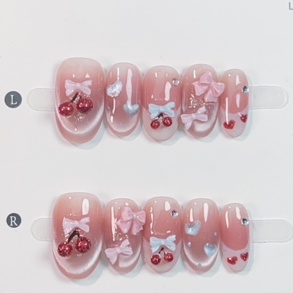Nail Art Pink - 10枚入り キャッツアイ ハンドメイド つけ爪 チェリーボウ フレンチデザイン