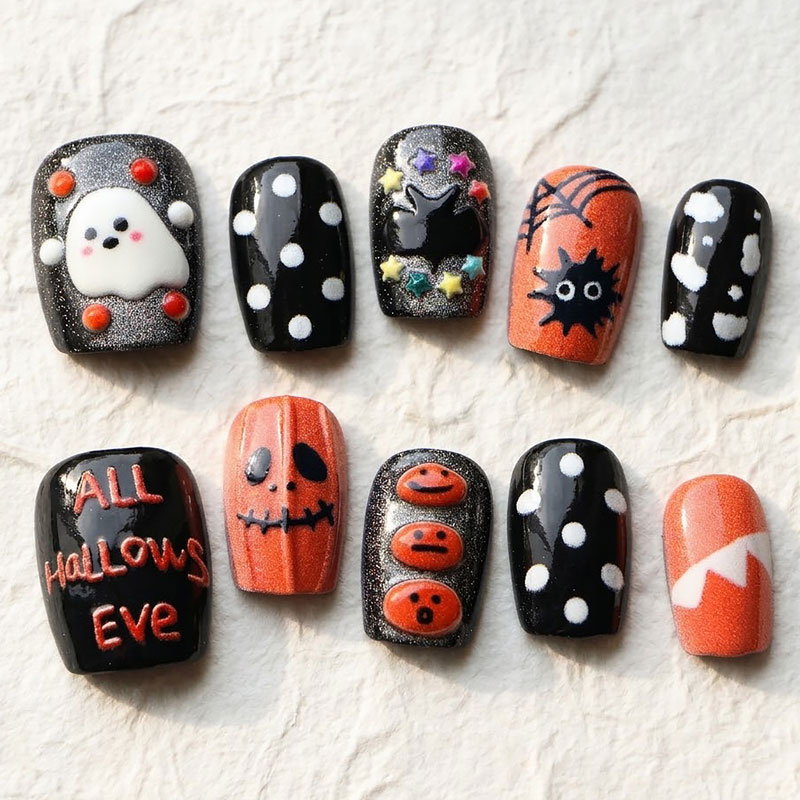 Nail Art Press On - 10枚入り ハロウィン ゴースト パンプキン プレスオンネイル スウィート＆クール
