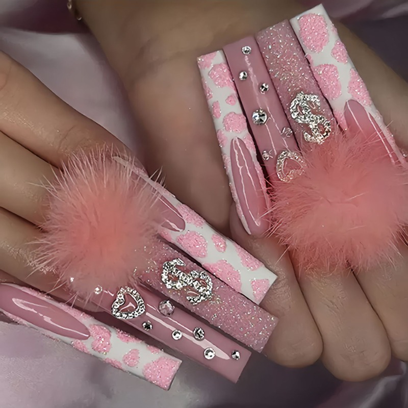 Nail Art Pink - 24 個エクストラロングスクエアプレス爪愛パターンデザインフレンチウェアラブルフルカバー偽ネイルのヒント人工棺偽爪