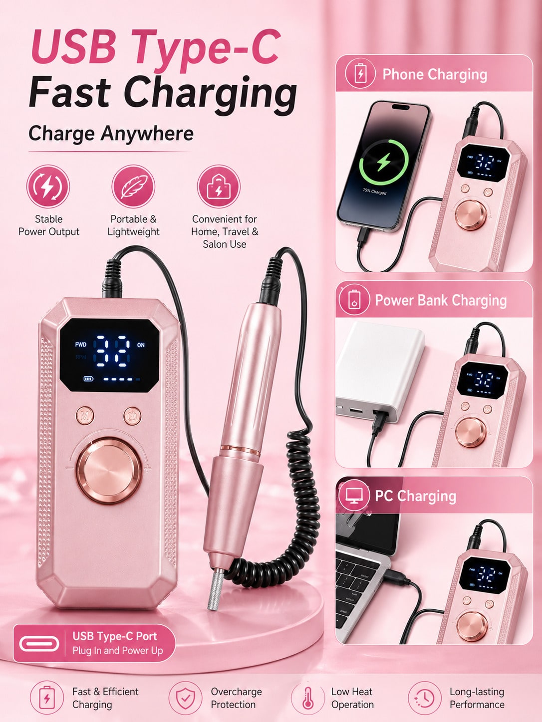 Nail Drill Machine - プロフェッショナルワイヤレス電動ネイルドリル、充電式ポータブルアクリルジェルネイルファイルセット（11種類のドリルビットと20種類のサンディングバンド付き）、高速ワイヤレス電動ネイルファイル、ジェルネイルの除去、マニキュア、ペディキュア、ネイルサロンに最適