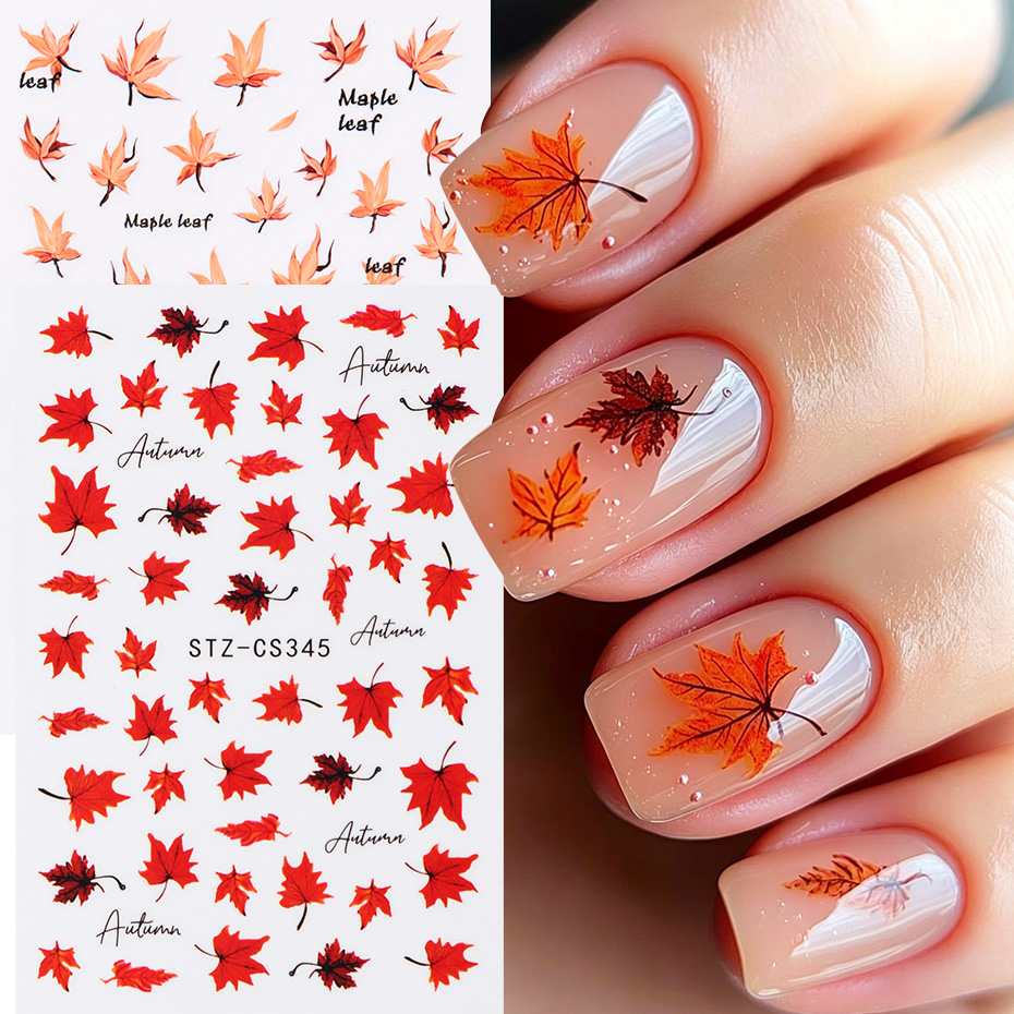 2 個水彩オレンジレッドカエデの葉ネイルアートステッカー秋の - Nail Art Orange のレビューと価格