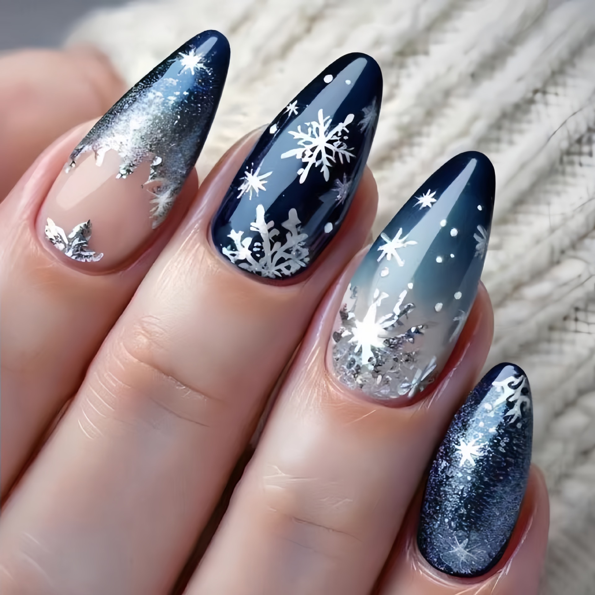 クリスマスカラーのブルー、ミディアムレングス、アーモンド型の - Nail Art Press On のレビューと価格