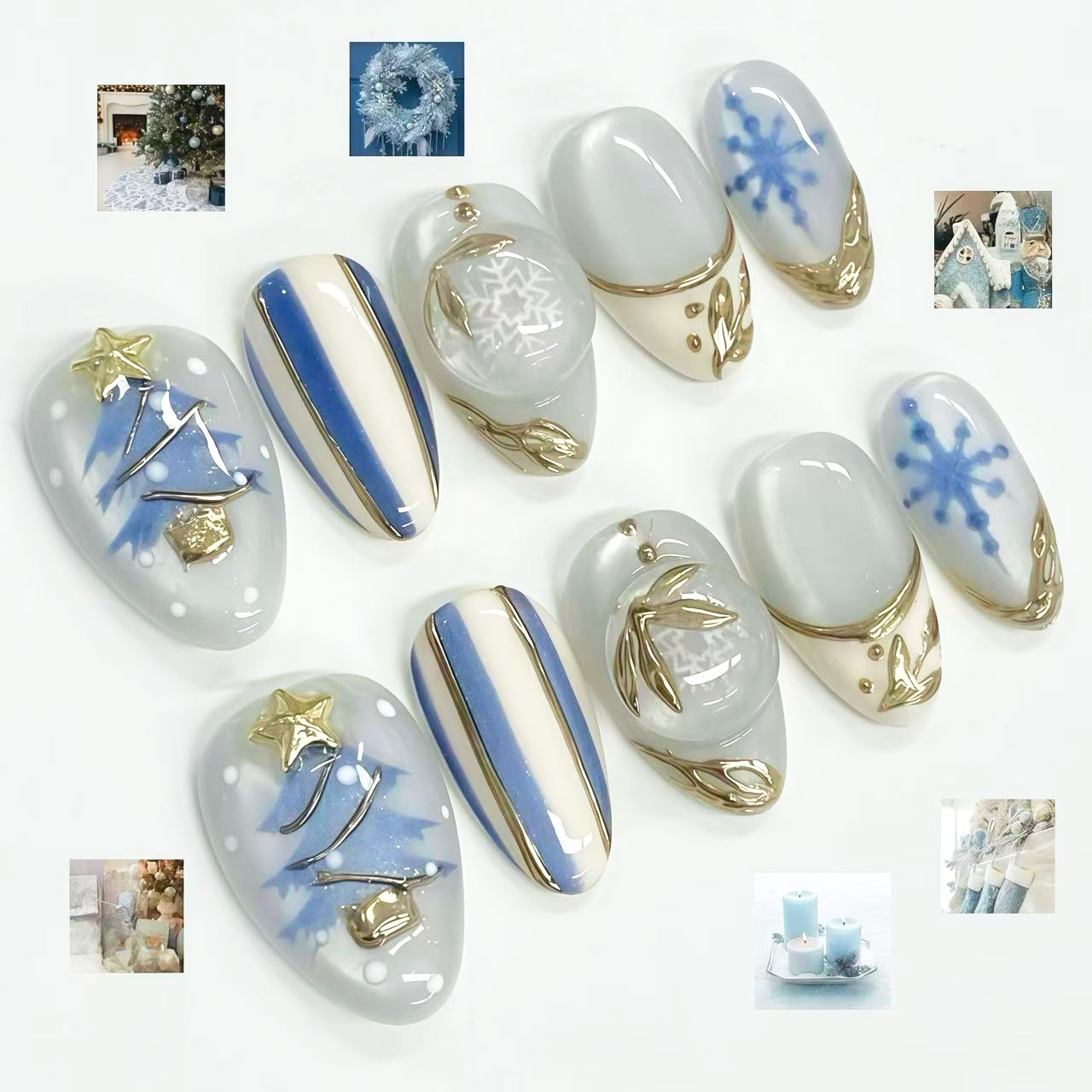 クリスマスカラーのブルー、ミディアムレングス、アーモンド型の - Nail Art Press On のレビューと価格