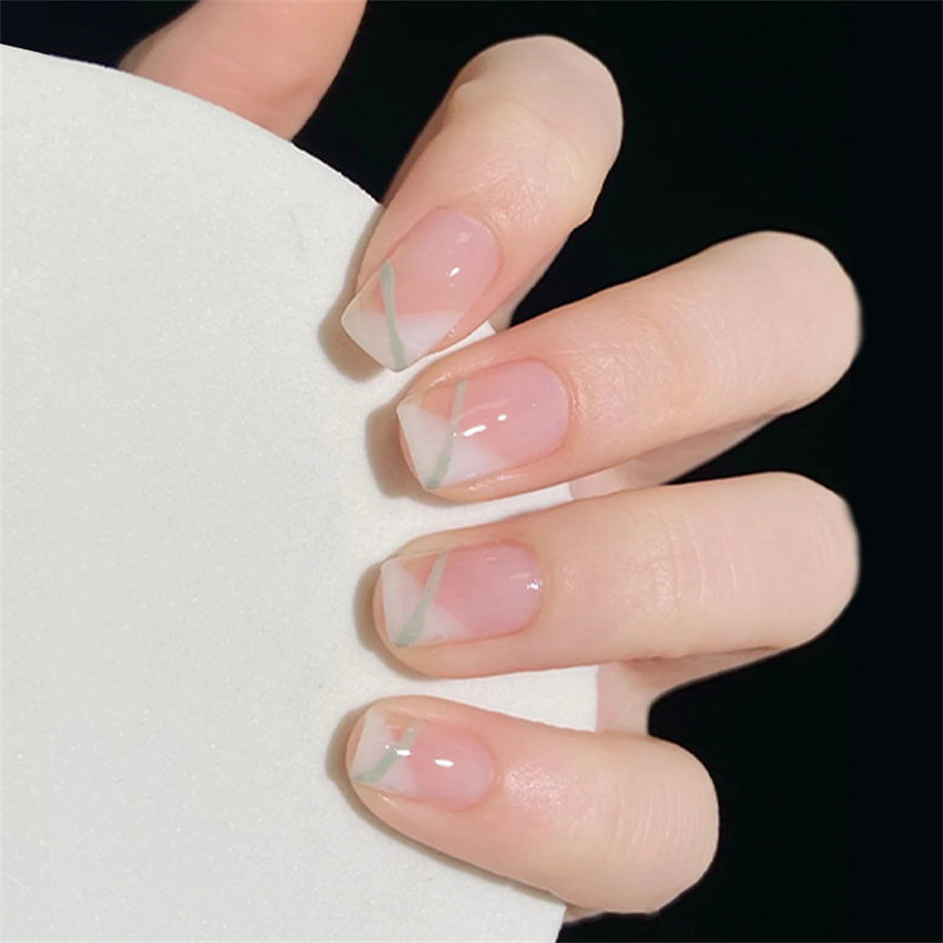 24枚入り/セット グリーン格子柄アクリル製フェイクネイル  - Nail Art Pink のレビューと価格