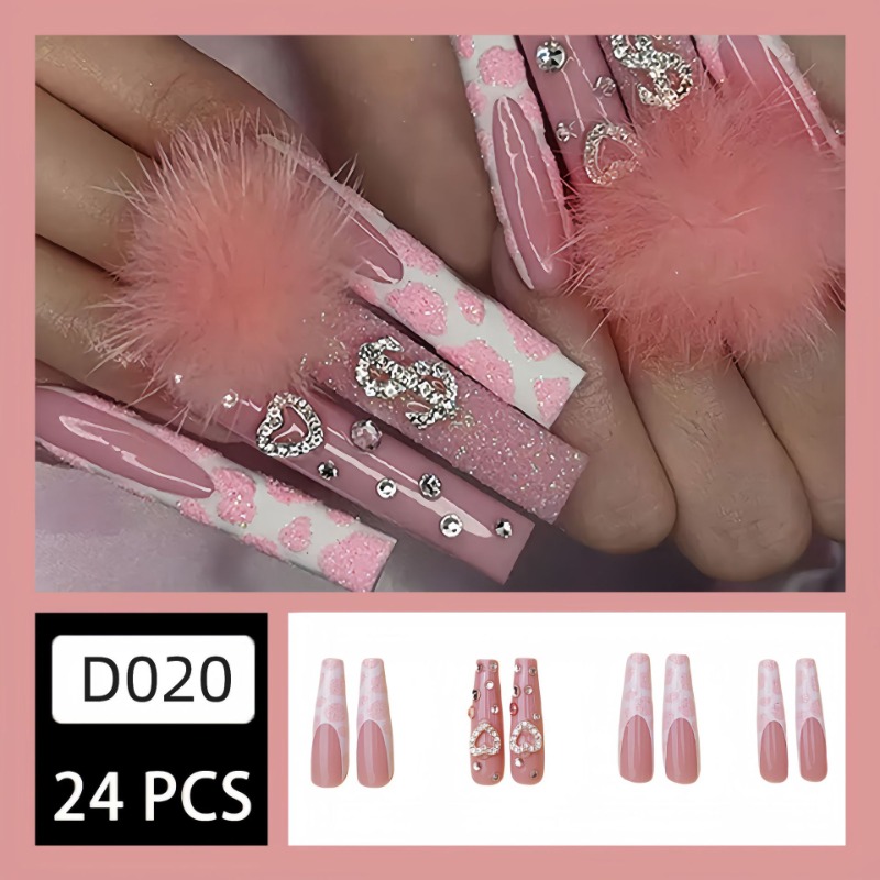 24 個エクストラロングスクエアプレス爪愛パターンデザインフ - Nail Art Pink のレビューと価格