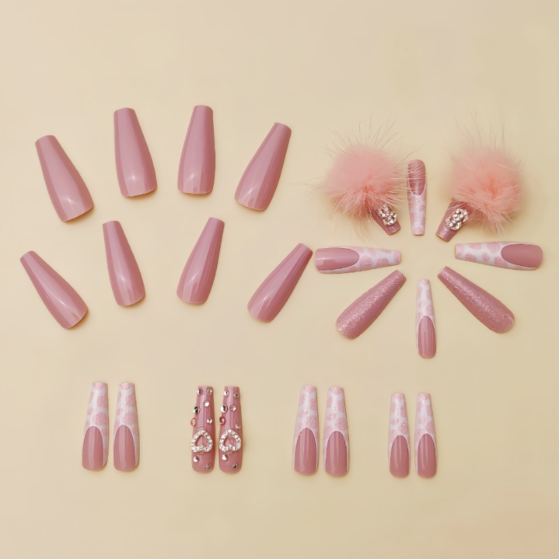 24 個エクストラロングスクエアプレス爪愛パターンデザインフ - Nail Art Pink のレビューと価格