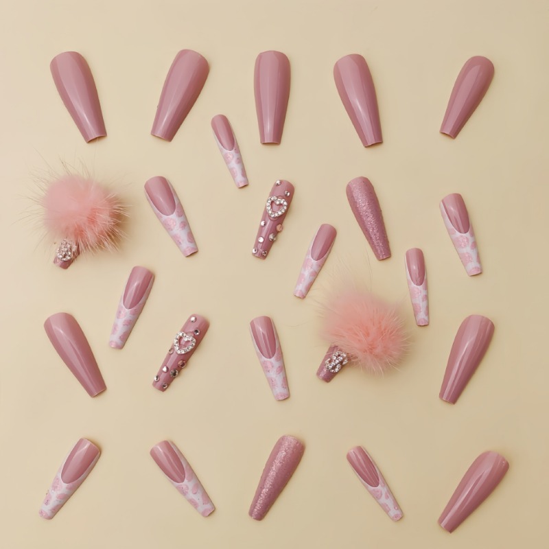 24 個エクストラロングスクエアプレス爪愛パターンデザインフ - Nail Art Pink のレビューと価格