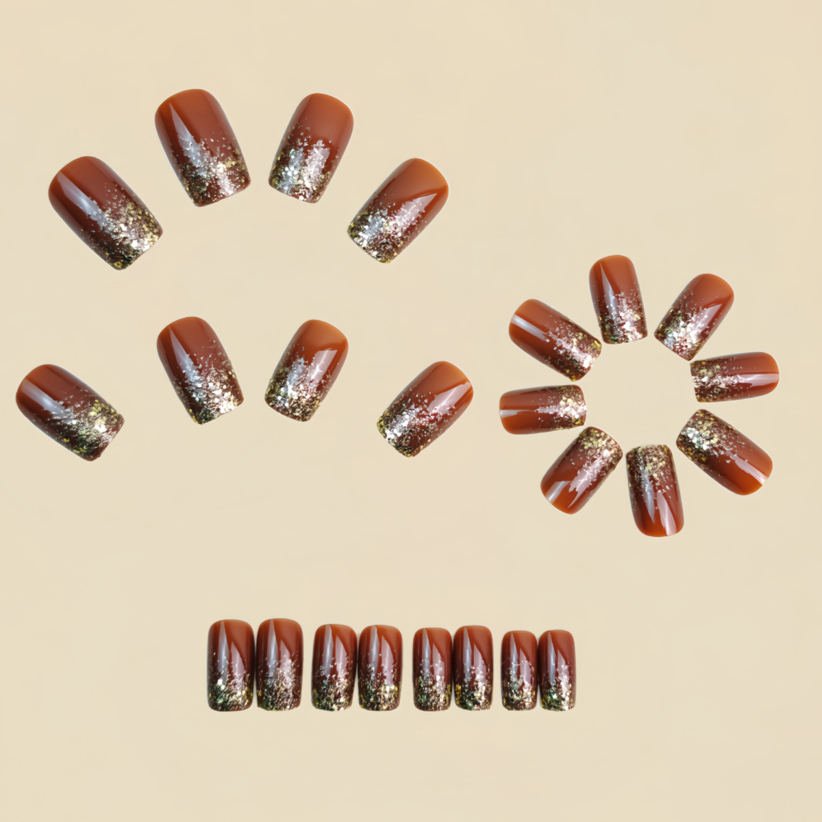 短いミディアムサイズの付け爪 グラデーションブラウンレッドブ - Nail Art Press On のレビューと価格