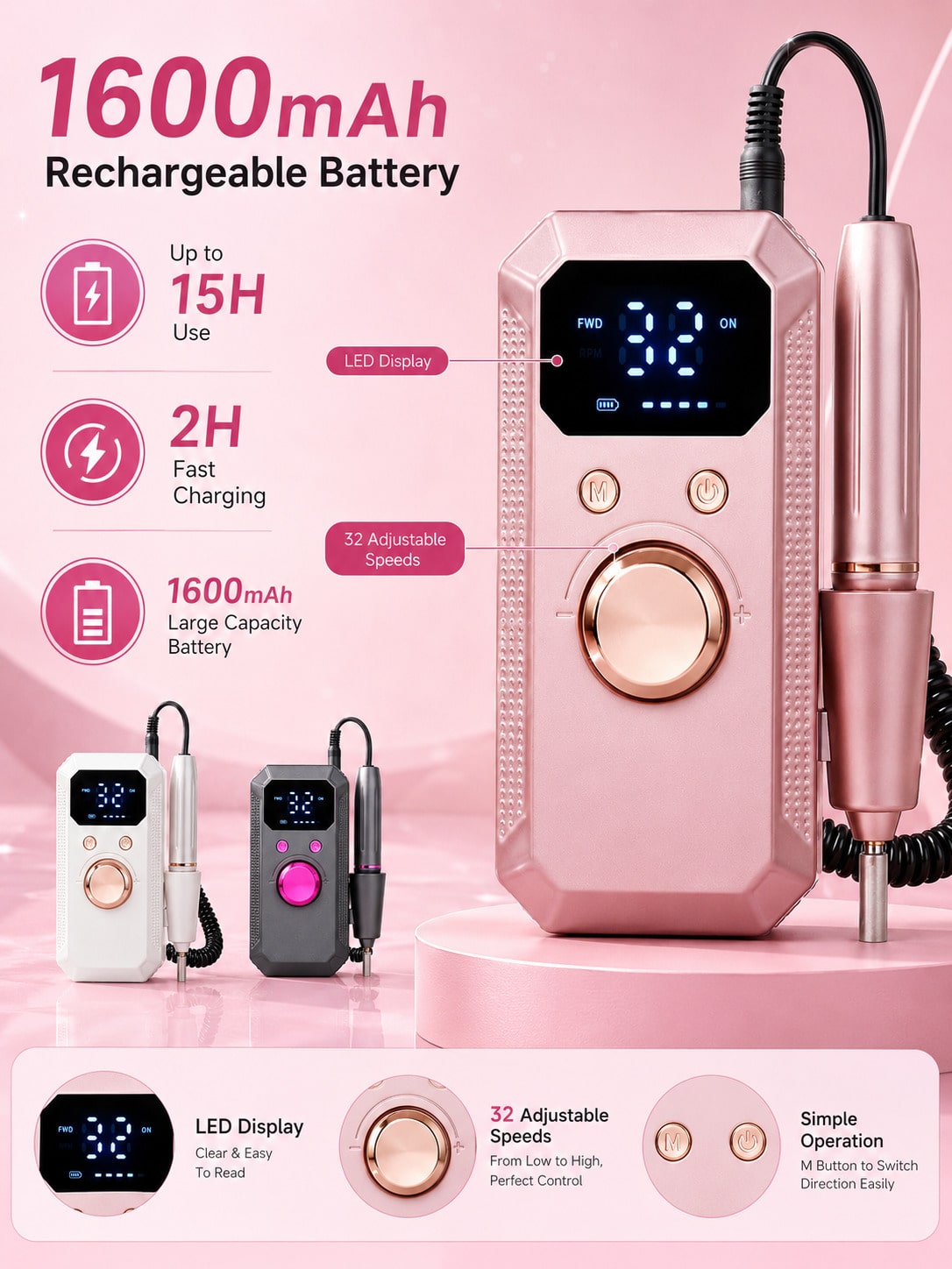 プロフェッショナルワイヤレス電動ネイルドリル、充電式ポータブ - Nail Drill Machine のレビューと価格