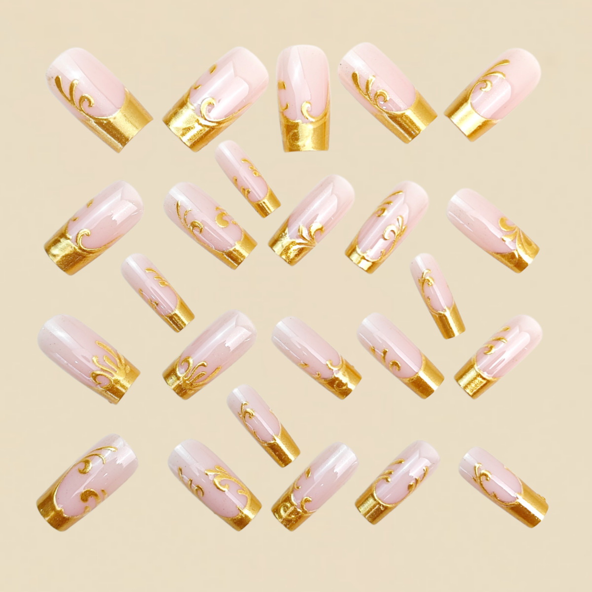 女性用ミディアムロングフェイクネイル、スクエア型、ヌードゴー - Nail Art Press On のレビューと価格